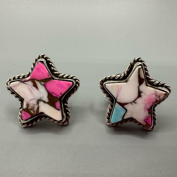 ⭐️ Star-Shaped Cotton Candy Turquoise Sterling Silver 925 Handmade Earrings Star - Picture 4 of 5